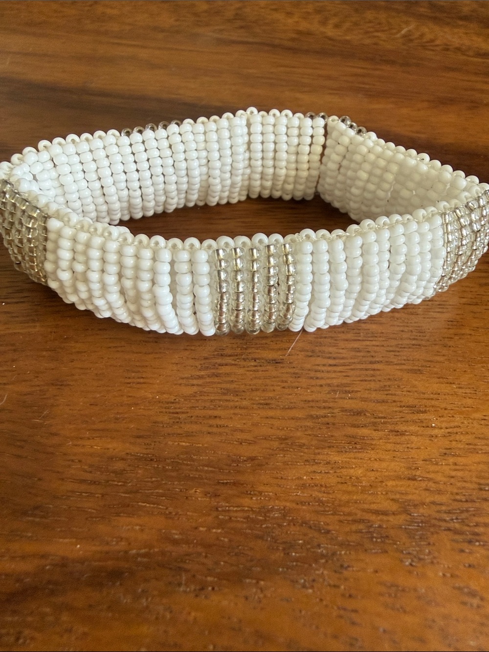 White and Silver Beaded Elastic Bracelet